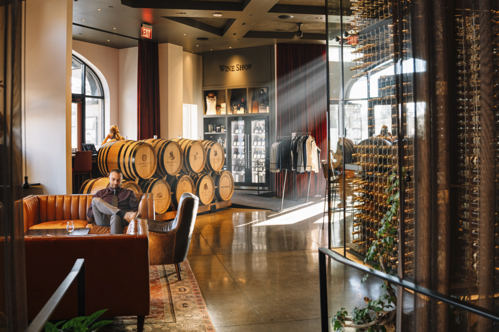 Stunning, sunlit interior of the Domaine Serene Wine Lounge in Lake Oswego, Oregon